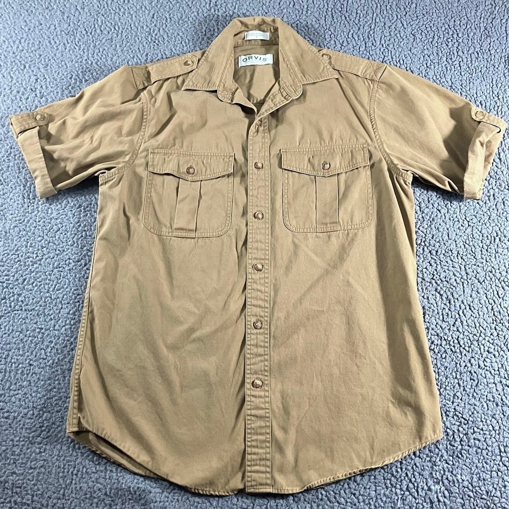 Orvis Mens Safari Shirt Short Sleeve Khaki Tan Cotton Utility Field Top Size M